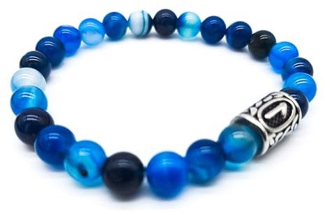 Wikinger Futhark Rune Edelstein Armband (18/21 cm, Damen/Herren) in Geschenkbox | Schutz Glück Energie (18, Rune LAGUZ Blau gebänderter Achat | Wasser Erneuerung Fantasie)