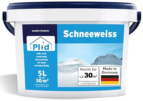 Plid® Peinture blanche mur et plafond, Blanc mat 5 L - pour env. 30m² - Haute couvrance, Application facile, Faible odeur - Pot de peinture murale interieur Blanc polaire - Rénovation, Décoration
