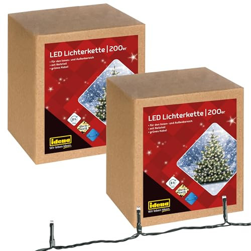 Idena 31869-2 - 2 pezzi luci fiabesche a LED con 200 LED in giallo oro, per esterni e interni, funzione timer 8 ore e trasformatore, lunghezza 29,9 m, per decorazioni di feste e Natale