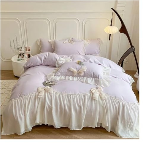 Comforter Sets, Lace Bow Bedding Sets Solid Color Lace Ruffle Comforter Set Deluxe Maiden Duvet Cover Set(C,2.0m bed)