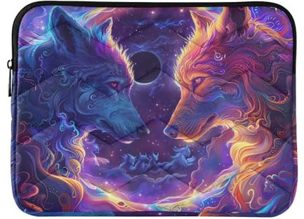 Housse de transport pour ordinateur portable avec deux loups face à des loups
