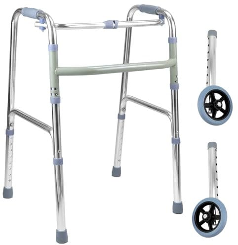 QWORK® Ausilio per la deambulazione per anziani, deambulatore pieghevole e regolabile in altezza in alluminio ultraleggero con piedini in gomma antiscivolo