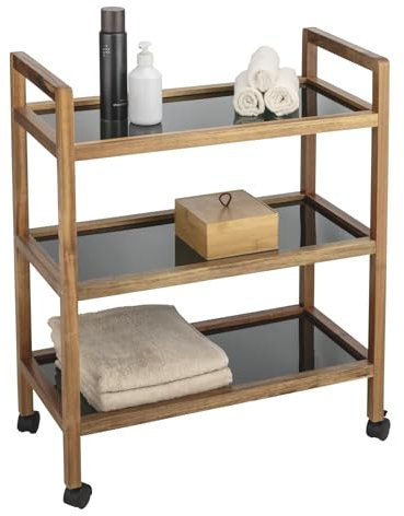 WENKO Rollregal Mod. Fondi aus massivem Akazienholz mit 3 Sicherheitsglasböden in Schwarz und 4 praktischen Rollen Maße 65 x 76,5 x 31 cm
