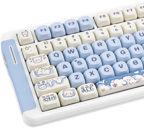 COOMICKEY PBT Keycaps, MOA Profile Cute Blue White Keycaps, Kawaii Dye Sublimation Keycap, 132 Keys Keycap Set for Cherry Gateron MX Switches Keyboards Custom Keyboard 60 65 75 100 Percent