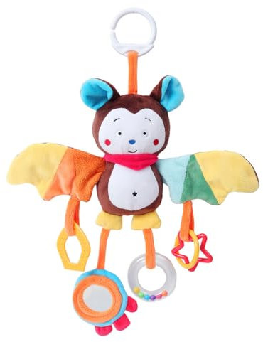 Baby Ring Greifling Fledermaus, Motorikspielzeug für Kinderwagen, Kinderbett und Babyschale zum Beißen, Fühlen und Stupsen, Stehauffigur Motorikspielzeug zum Greifen