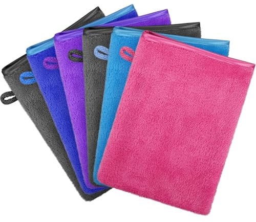 Lot de 6 gants de toilette en microfibre super doux - En éponge - En microfibre - Multicolore, gris, bleu, rouge, violet - Pour le corps, le visage, le visage - Pour bébé, enfant et femme