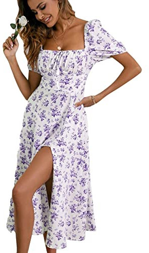 Robe Ete Femme Longue Légère Grande Taille Robe Ete Femme Boheme col Carré Robe Longue Boheme Fleurie Manches Courtes Robe Femme Chic Et Elegant Bustier Pas Cher Robe Violet 3XL