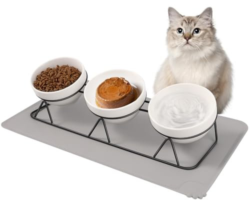 Vikcvcs Katzennapf Erhöht, 3er Set Katzennapf Keramik mit Metallhalter und Napfunterlage Silikon, 15° Geneigter Ergonomisch Futterstation Katzen, Futternapf für Katzen und Kleine Hunde