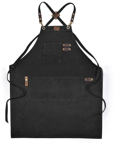 LEATHER VILLAGE Chef Aprons for Men & Women with Large Pockets, Cotton Canvas Cross Back Heavy Duty Adjustable Work Apron- Size M to XXL (Black)