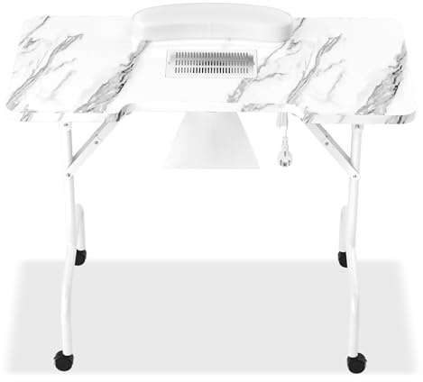 FIVMEN Table de manucure pliable avec aspiration - Table de manucure - Table de manucure avec aspiration de poussière et 4 roues - Pour la maison, les salons de manucure et de beauté - Blanc