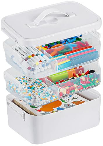 Gifhomfix 3-Layer Plastic Craft Organizers and Storage Box with Removable Trays, Storage Containers with lids and Handle, Art Supply Storage Organizer for Organizing Bead, Sewing, Tool