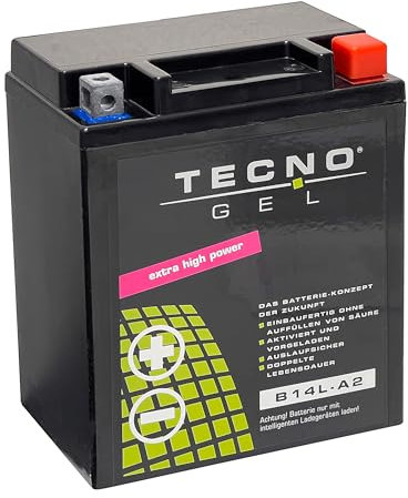 TECNO-GEL QUALITÄTS MOTORRAD BATTERIE für YB14L-A2, 12V Gel-Batterie 14Ah, 134x88x166 mm für Honda CX 650 E, FT 500, GL 500, VF 750 S, KAWA SAKI GPZ 500 S, GPZ 750, GPZ 900, GT 750, KL 650