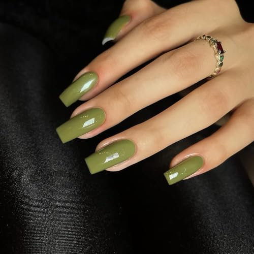 KQueenest Press On Nails Lange Mandel Eckig, Sarg Nägel zum Aufkleben Oliv Grün, Glänzende Jelly-Gel Fake Nails Fingernägel zum aufkleben Ballerina, Einfarbig Acryl Kunstnägel für Frauen, 24 Stück