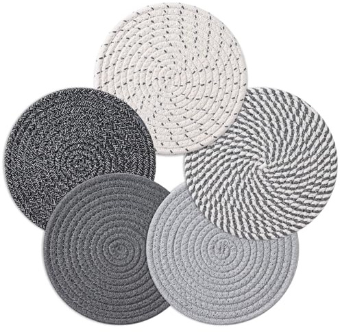 Husfunov 7 Inch Trivets for Hot Dishes, Pots and Pans, 5 Heat Resistant Pot Holders for Kitchen, Home Essentials, Hot Pads for Countertop and Table, Farmhouse Decor Vase Mats, Gray