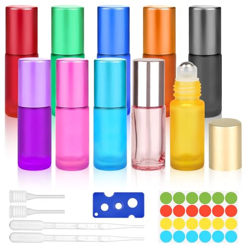Moosono Roll on Flasche Leer 5ml, 10 Stück Glasflaschen für Ätherisches Öle, Rollon Flaschen mit Öffner, Tropfer, Augentropfer, Aufkleber für Parfüm, Aromatherapie, Massage(10 Farben)