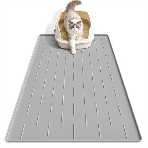 Pieviev Tapis Litière Chat Silicone, sous Bac à Litiere, 86x56cm Gris Clair | facile à nettoyer, grand tapis pour chat, antidérapant et imperméable, ramasse & piège le sable, cat litter mat large