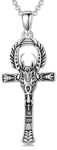 PROESS Ankh Kreuz/Auge des Horus/Käfer/Anubis Kette 925 Sterling Silber Kreuz Ankh Anhänger Halskette Ägyptischer Schmuck Religiöse Geschenke für Männer Frauen