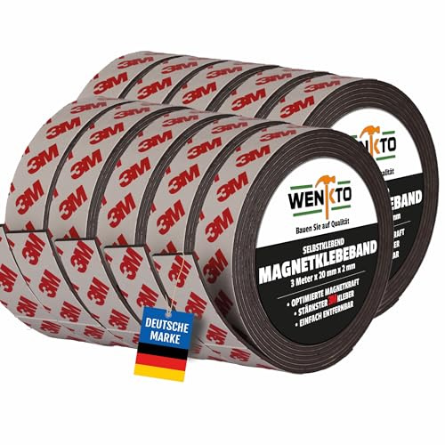 WENKTO® Magnetklebeband 3 Meter; Starkes 3M Magnetband DIY-Projekte & Heimwerken; Flexibles Klebeband mit Magneten; Magnetisches Band für Wände, Türbefestigungen & mehr (10x 3 Meter, 2 cm Breite)