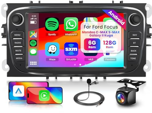 8-Core [6G+128G] Radio para Ford Focus II mk2 Mondeo S-MAX C-MAX Galaxy con Bluetooth y GPS, Hodozzy Pantalla Táctil de 7 Pulgadas con Carplay Inalámbrico, Android Auto, WiFi, USB, DSP, FM y RDS