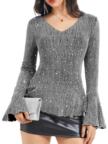 Timormode Sparkly Tops for Women Long Sleeve V Neck Ruffle Hem Sequin Shirts Glitter Blouses Evening Party Night