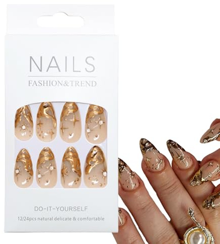 LUXRYNTH 24Pcs Short Almond Press On Nails with 3D Gothic Decorations, Stars Design, 3D Gold Irregularities, Full Cover False Nails with Glue Stick, ABS Material for Women