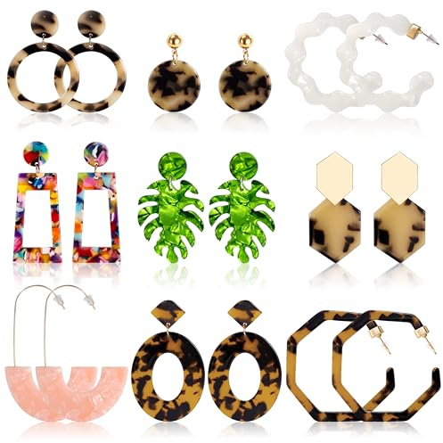 Ohrringe Statement Leichte Acryl Creolen Tropfen Baumeln Blatt Boho Chic Ohrringe für Frauen Damen Mädchen 9 Paar