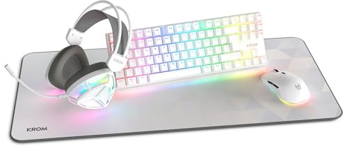 KROM Klass - Pack Gaming 4 en 1: Clavier mécanique TKL RGB, Layout Espagnol, Souris Optique 7200 DPI, Casque avec Haut-parleurs 50 mm, Tapis XXL, Set Complet pour PC et Portable Gamer, Blanc