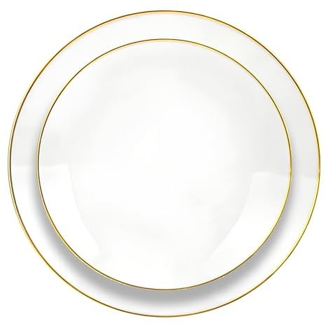 Élégant Ensemble d'Assiettes Réutilisables, Couleur au Choix avec Bordure Dorée, 16 Pièces, Grande 23cm-Petite 19cm,Plastique PVC Brillant, Lavable au Lave-vaisselle, Décoration Mariage(Blanc Doré)