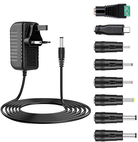 12V DC Power Supply Adapter 8 Universal Tips 5.5*2.1(5.5*2.5 3.5*1.35 4.0*1.7 4.8*1.7 2.5x0.7 3x1.1, 1M 24W AC 100V-240V to DC 12V 2A for LED Lights CCTV Camera BT Router Speaker CCTV Camera