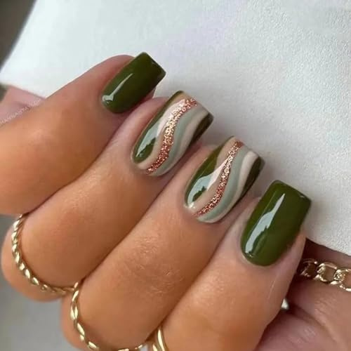Viugex 24Pcs Press on Nails Short Square, Green False Nails with Glitter Wavy Lines, Elegant Acrylic Fake Nails Set, Reusable Natural Full Cover Glue on Nail for Women Girls Daily Manicure Art