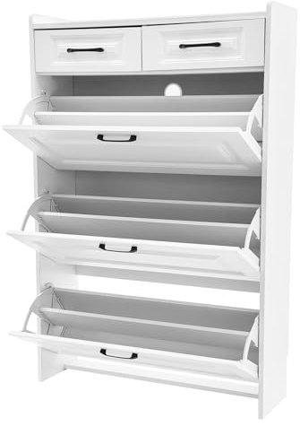 Steeviuzj Schuhschrank mit 3 Klappen und 2 Schubladen, Weiß Schuhkipper schmal, platzsparender Schuhkipper, 80x24x120 cm, für 16-20 Paar Schuhe, Verstellbare Trennwände, Wandbefestigung