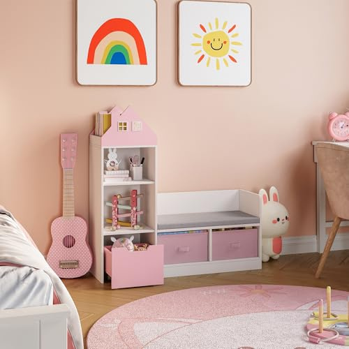 [en.casa] Kindersitzbank mit Regal Vipsali Sitzbank mit Stauraum Hausoptik Kinderregal mit 2 Aufbewahrungsboxen Kinderzimmer 100 x 99 x 30 cm Schuhbank mit Sitzfläche Rosa/Weiß