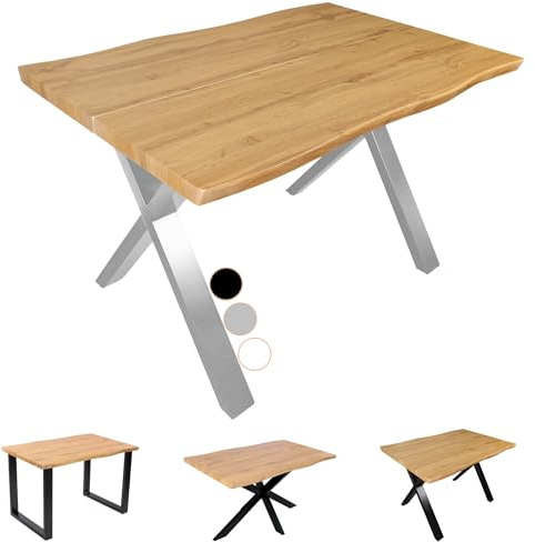 SAM Esstisch Dua | 120 x 80 cm | Holz-Optik mit Baumkante in Wildeiche | X-Gestell Metall Silber | 40 mm Tischplatte geteilt | Tisch für Esszimmer & Küche