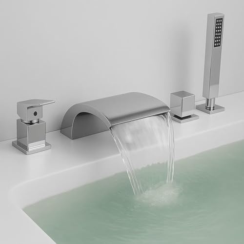 KUNYOS Rubinetteria per Vasca da Bagno A Cascata con Doccetta, Miscelatore per Vasca A 4 Fori, Rubinetto Spazzolato, Miscelatore Monocomando per Doccia,Cromo
