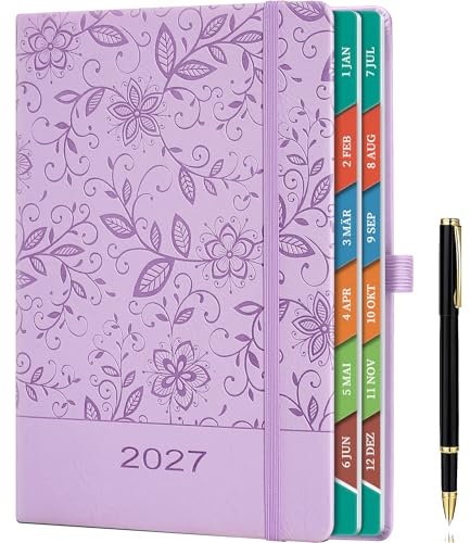 Tagesplaner 2027 A5 Lavendel – Kalender 2027 täglich 1 Tag pro Seite, Terminplaner & Buchkalender 2027 täglich, Kalenderbuch 2027 mit Blumenranken Design, stilvoll & kreativ, Hardcover, 100gsm Papier
