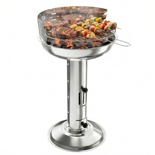TLGREEN Barbecue a colonna in acciaio inox, Barbecue da esterno 40*40*69cm | Altezza regolabile in 3 posizioni, Con griglia cromata, Cassetto cenere e ventilazione, per Outdoor, Camping, BBQ, Balcone