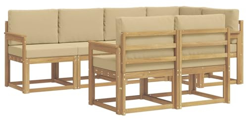 vidaXL Outdoor-Sofagarnitur mit Kissen 7 pcs Weiß und Beige Polyester, Stylisches Outdoor-Sofa-Set, Moderne Gartenmöbel, wetterfestes Akazienholz, modulares Sitzen für Terrasse und Lounge