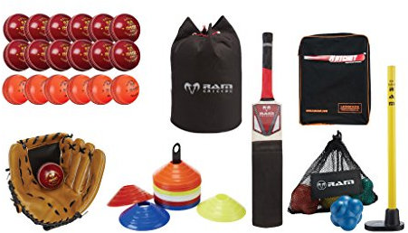 Ram Cricket Fielding Coaching Bundle - Senior & Junior Available - Balls, Bat, Katchet, Cones, Mitt & Bag (Junior, left)