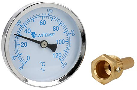 Lantelme Heizungsthermometer 120°C Grad Celsius mit Tauchhülse 1/2 Zoll Gewinde | Metall Edelstahl Messing mit Skala Blau | Für Heizung Wasserthermometer Kaltwasser Heißwasser Thermometer Analog