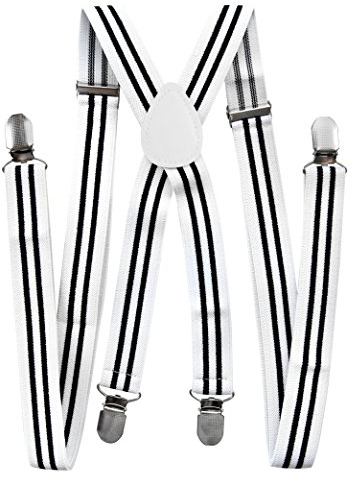 axy Hochwertige Herren Hosenträger breit 25mm mit 4 Starken Clips X-Form und Damen (Weiß mit 2 Schwarz Streifen)