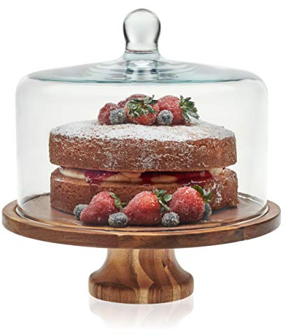 Libbey Acacia Wood Cake Stand with Lid, Footed Round Cake Container, Ball Top Handle Covered Cake Stand, Durable Glass Dome Cover