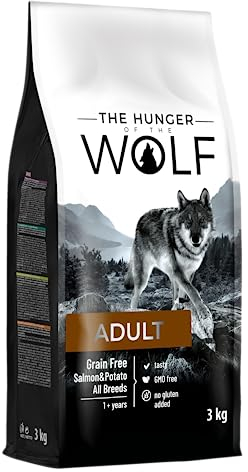 The Hunger of the Wolf Hundefutter für ausgewachsene Hunde aller Rassen und für Hunde mit Allergien, Fein zubereitetes Trockenfutter ohne Getreide mit Lachs und Kartoffeln - 3 kg