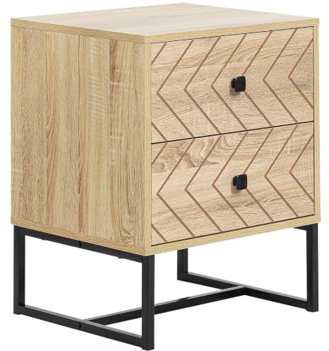 HOMCOM Bedside Table Two-Drawer Zig Zag Design Black Metal Handles Natural | Nightstand, Bedroom Storage Unit