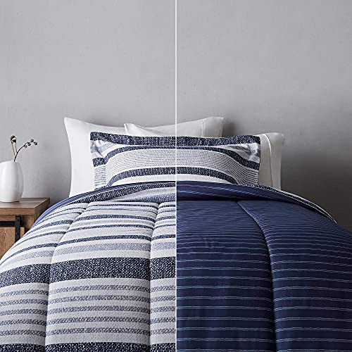 Amazon Basics Wendebettwäsche-Set aus Mikrofaser, sehr weich, leicht, Doppelbett, Blau/Beige gestreift