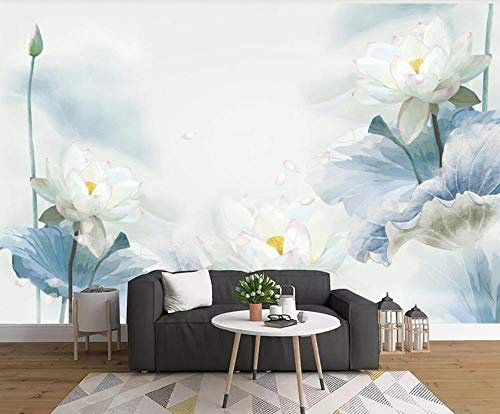 Papier Peint Feuille De Lotus Bleu Lotus Rose Papier Peint Fresque Intissé 3D Papier Peint Panoramique Nature Peinture Murale Chambre Salon 350x245cm