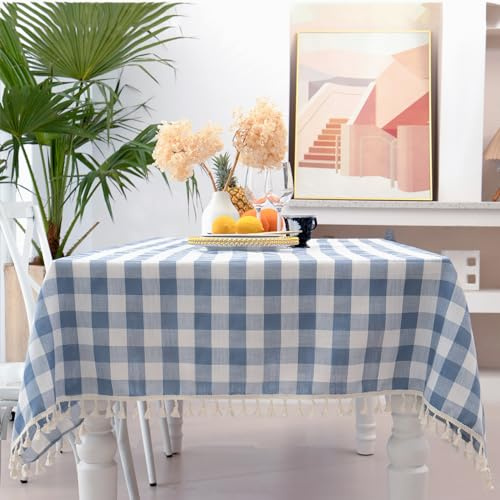 Midsummer Breeze Karierte rechteckige Tischdecke, schweres Gewicht, knitterfrei, Baumwoll-Leinen-Tischdecke, Plaid-Tischdecke für Frühling, Sommer, Picknick, Küche, Outdoor-Party (55 x 70, blau)