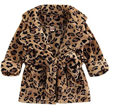 Geagodelia Accappatoio in Flanella Bambini Unisex Tinta Unita/Stampa Leopardata Accappatoio con Cintura per Ragazze e Ragazzi Pigiama Vestaglia Carina alla Moda (Leopardato, 18-24 Mesi)