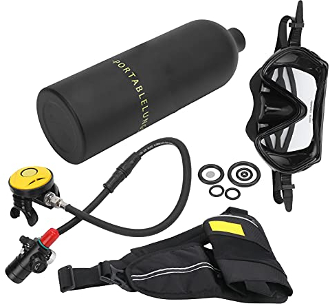 Gaeirt Sauerstoff-Tank-Tauchset, 1L Tauchflasche Doppelfilter-Design mit Hauptventil-Steuerschalter zum Tauchen(Schwarze Sauerstoffflasche mit schwarzer Maske)