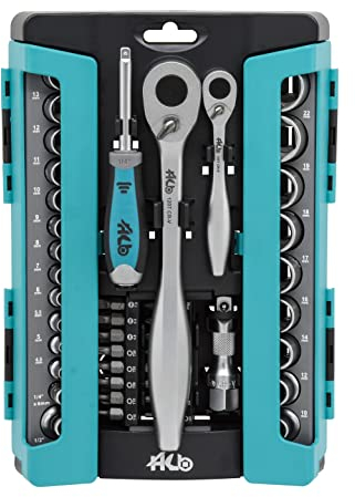 HB Steckschlüsselsatz 63-teilig, 1/2 1/4 Zoll Umschaltknarre, Feinverzahnung 120 Zähnen, Vierkant-Schraubendreher, Verlängerung mit hex head, Torx/PZ/PH/SL/HEX Bit, hergestellt in Taiwan AKM009-G