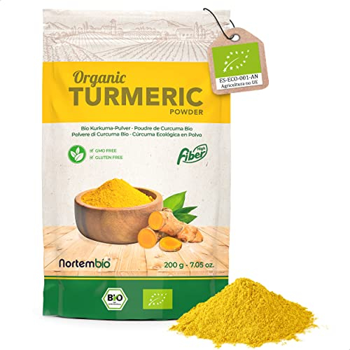 Nortembio Cúrcuma Ecológica en Polvo 200 g. Origen 100% Natural. Calidad Gourmet. Cúrcuma Molida Sin Aditivos ni Conservantes, Vegana y Sin Gluten. Envase con Cierre Zip. E-Book con Recetas Incluido.